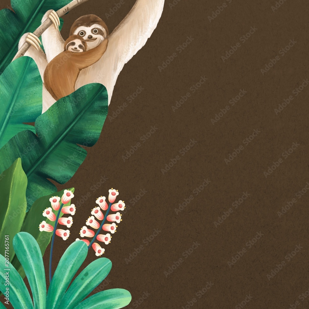 Obraz premium Brown wildlife border background, sloth illustration