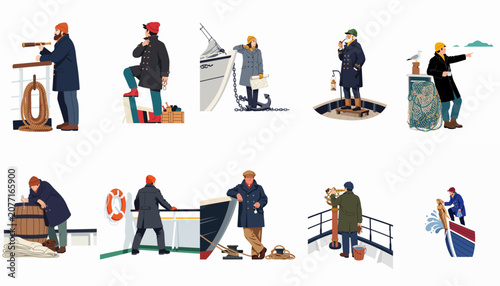 Tableau sur toile Collection of Nautical Illustrations Featuring Sailors, Sea Captains, and Mariners in Various Maritime Scenes on Ships and Docks