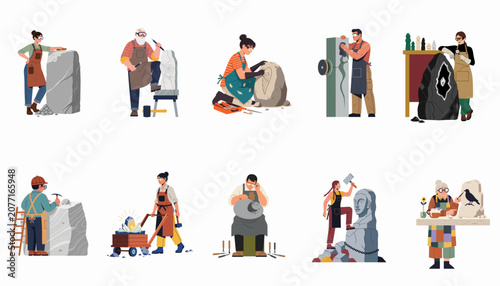 Photos Set of flat vector illustrations featuring diverse male and female artisans and stone carvers working on various sculpture and mineral craft projects