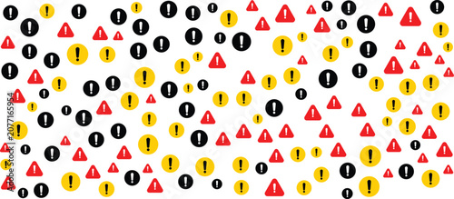Foto A vibrant display of warning signs and exclamation marks scattered across a plain surface in a creative arrangement