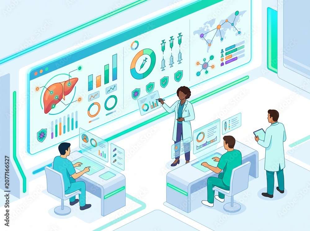Naklejka premium Team of Medical Professionals Analyzing Digital Health Data in Modern Tech Office