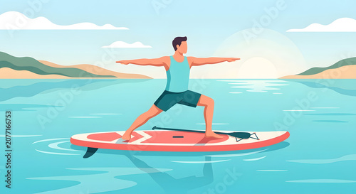 Summer man doing yoga flat character illustrations in summer