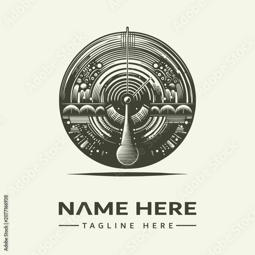 A grayscale vector illustration of a stylized circular icon set featuring a thermometer with concentric circles and abstract landscape elements on a plain beige background.