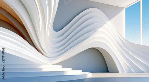 Minimalist modern abstract interior with flowing white curves and architectural forms in soft light