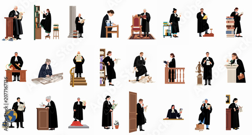 Fotografie A comprehensive set of illustrations featuring judges and lawyers engaged in diverse courtroom duties, legal research, and administrative tasks