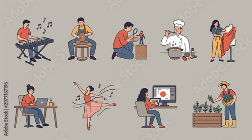 Foto Flat Design Icons of People Pursuing Creative Hobbies: Playing Keyboard, Pottery