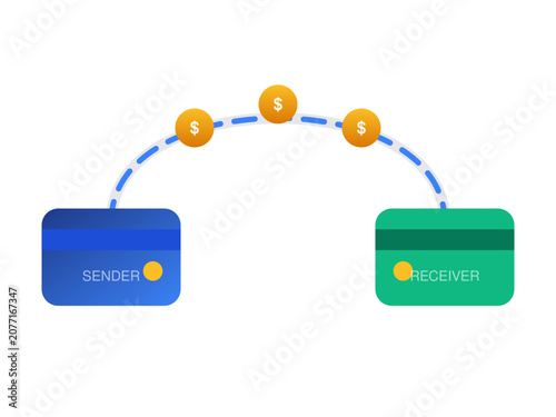 Money transfer vector illustration showing digital transaction between two credit cards with currency symbols and smooth blue dashed arch line