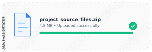 File upload progress bar vector illustration showing a successful data transfer with a document icon and green checkmark symbol