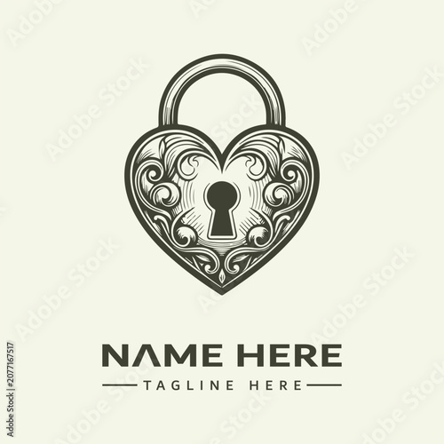 Vector illustration of a heart-shaped lock with ornate details and a keyhole, set against a clean background with space for custom text, icon, vector, icon set.
