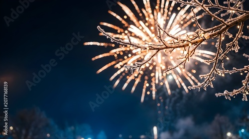 Golden fireworks explosion behind frosted tree branches at night sky