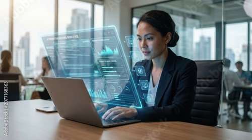 Businesswoman working on futuristic ai prompt engineering workspace at office.