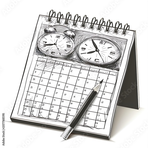 Pencil sketch of a desk calendar with alarm clocks and a pencil for time management