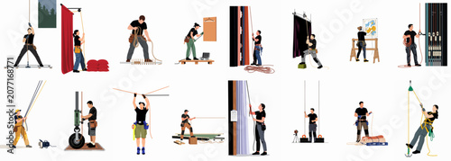 Photos A collection of flat illustrations depicting theatre riggers and stagehands performing various rigging and technical tasks behind the scenes of a production