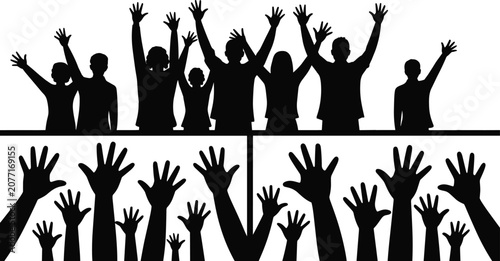 Crowd Raising Hands Silhouette Collection with Waving People Black Vector Set