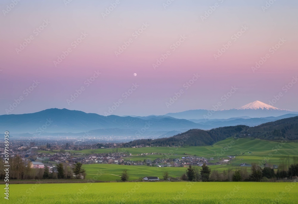 Fototapeta premium Snow-capped Mount Fuji towering beyond full bloom cherry blossoms and a pink flower field