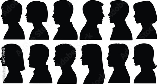 Human Profile Head Black Silhouette Collection with Male and Female Side View Portraits
