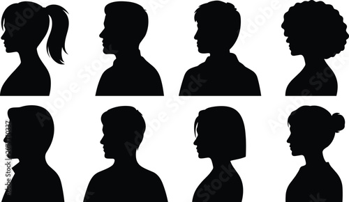 Human Profile Black Silhouette Collection with Male and Female Avatar Side View Vector Set