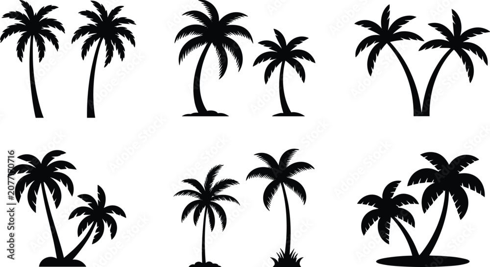 Fototapeta premium Palm Tree Black Silhouette Collection with Tropical Coconut Trees Isolated on White Background