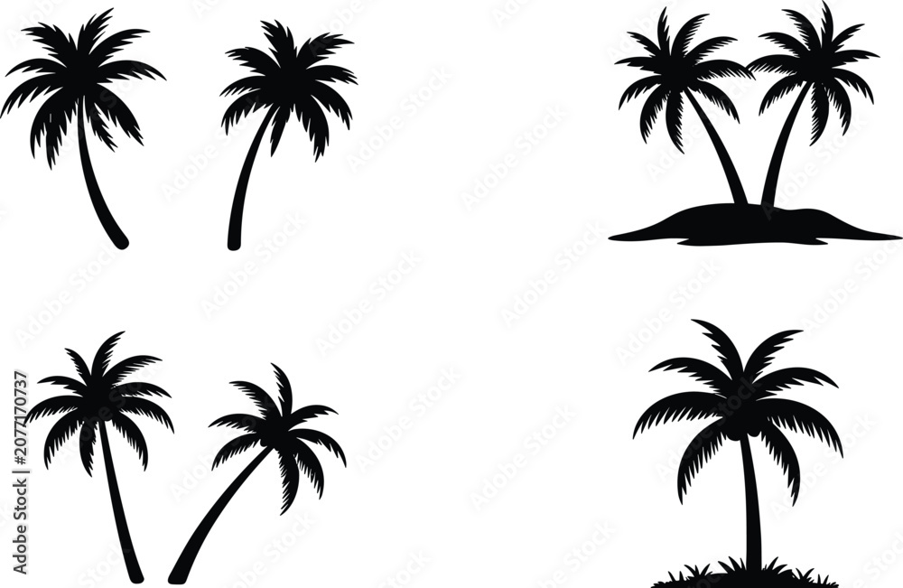 Fototapeta premium Palm Tree Silhouette Collection Set with Tropical Island Coconut Tree Vector Elements