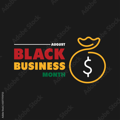 Black Business Month vector illustration with money bag icon on dark background. August.