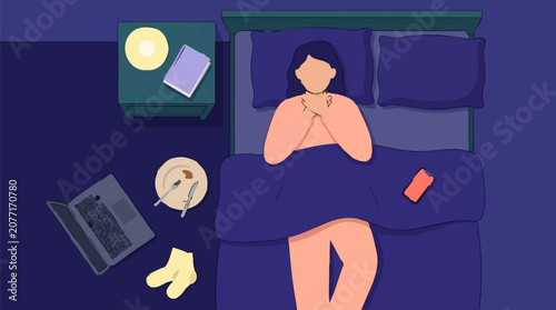 Картината върху платно Woman in bed clutching throat, feeling unwell at night with laptop and food
