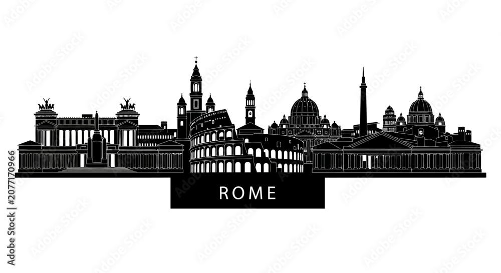Obraz premium Rome City Skyline Silhouette, Italian Landmarks, Black and White