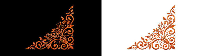 Orange detailed leaf corner flourish isolated on png background for page borders