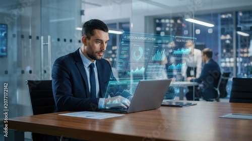 Expert male analyst using predictive analytics ai decision support system late.