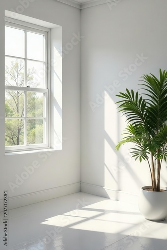 Crisp white room, sunlight streams through window, casting soft shadows Presentation ready , geometric, copy space, graphic