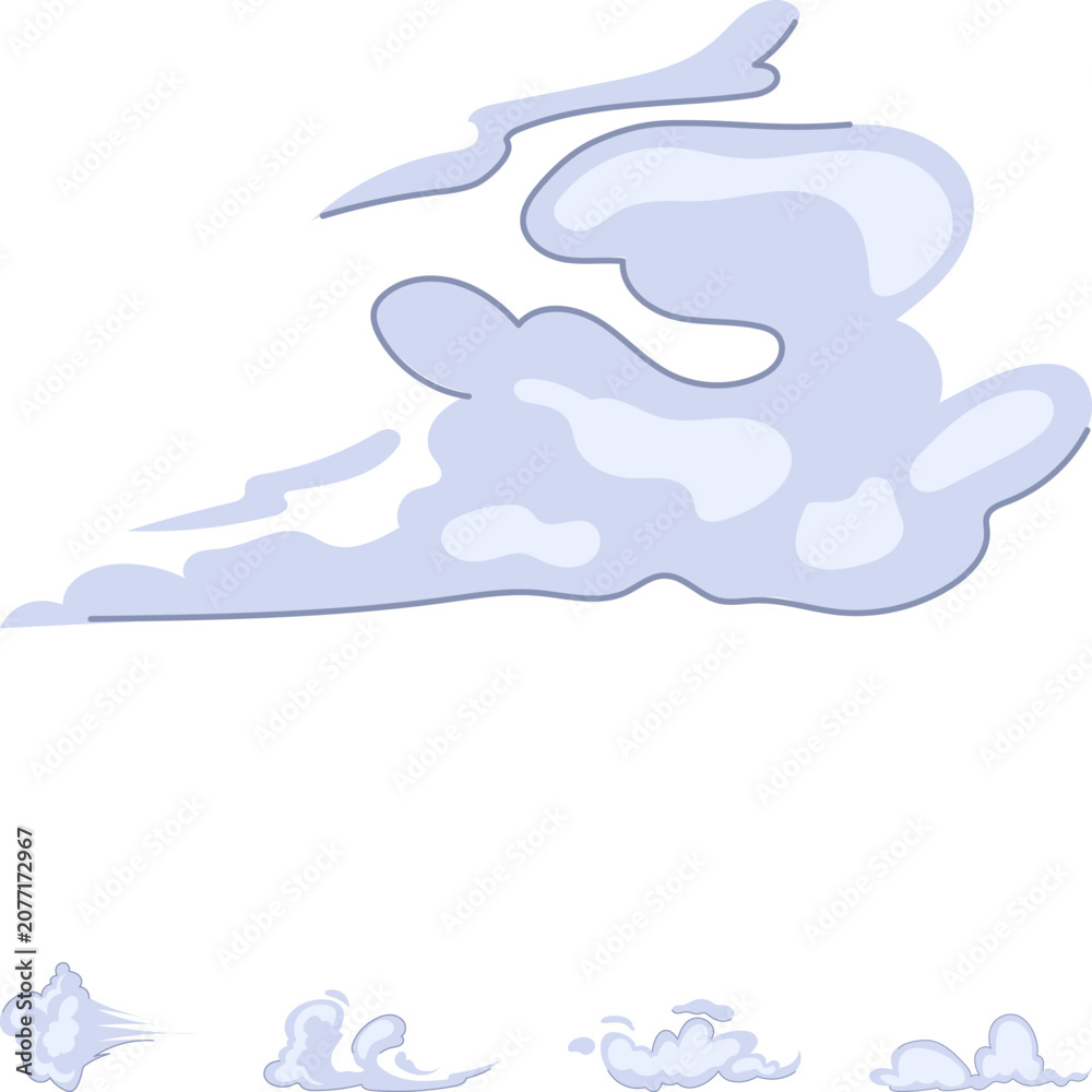 Fototapeta premium Cartoon stylized smoke and cloud sprite set for animation, showing fast movement, speed trails, bursts and explosion effects for games, comics and dynamic graphic design projects