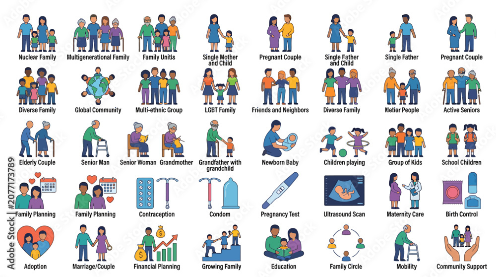 Naklejka premium Various people are standing together in colorful illustrations.