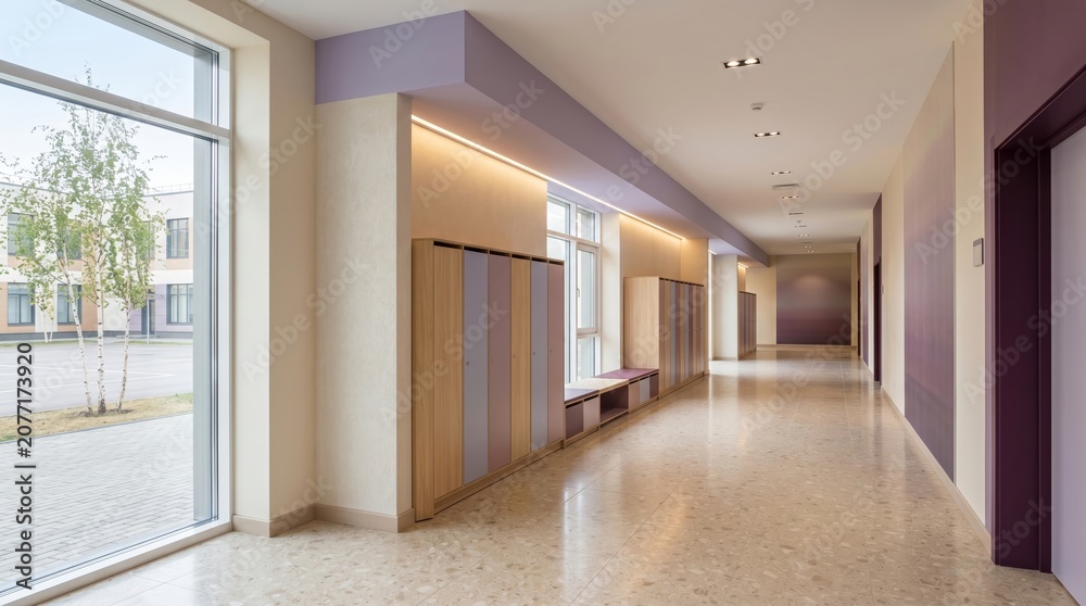 Fototapeta premium Modern educational center corridor with storage lockers and courtyard view