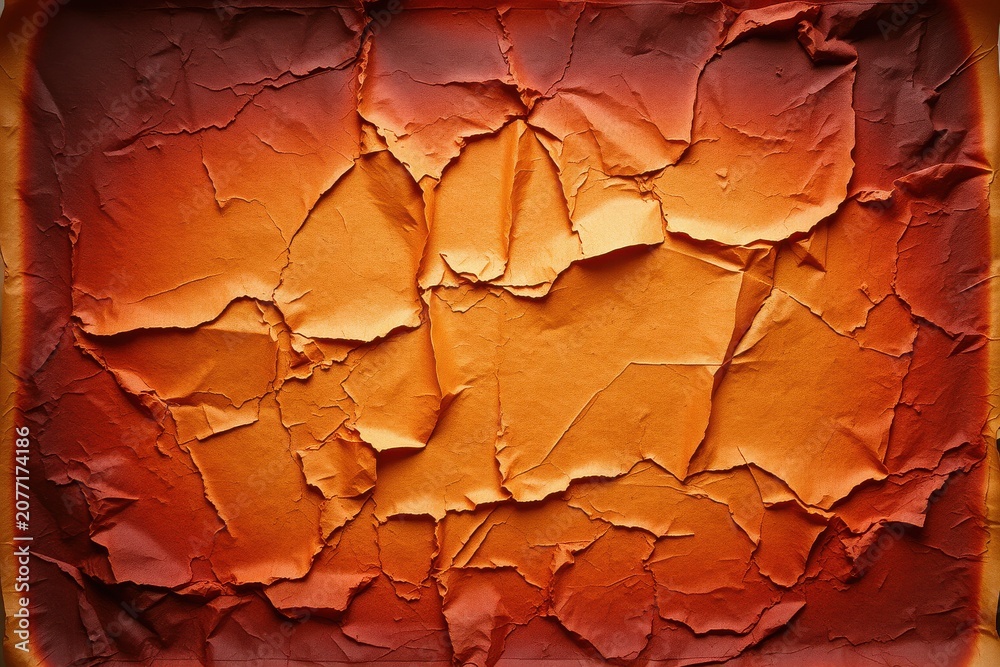 Fototapeta premium Burnt paper texture, warm tones, dramatic lighting. Crumpled surface suggests age, damage, intensity. Rich orange hues dominate composition.
