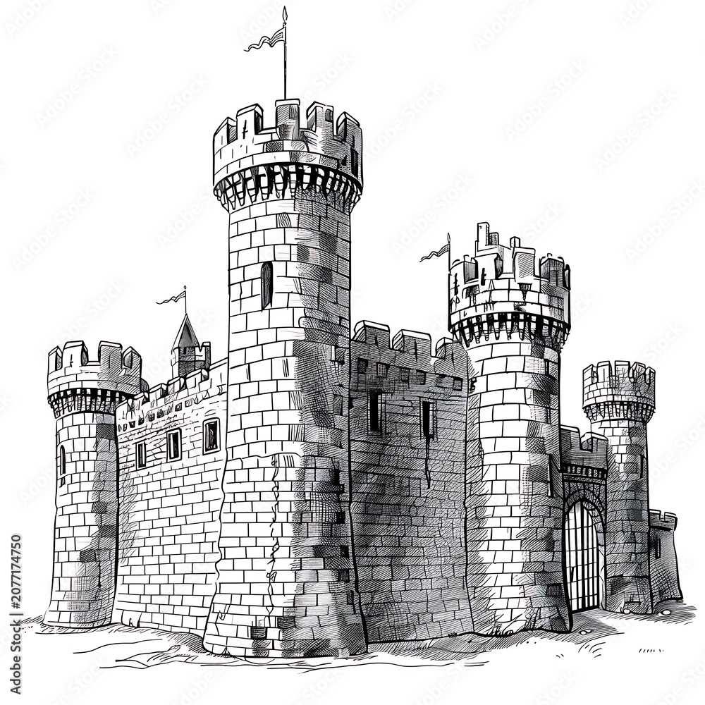 Obraz premium Medieval fortress architecture with towers and flags pencil sketch isolated on white