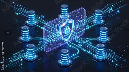 Conceptual 3D Data Security Shield with Database Pipelines and Firewall Network Visualization