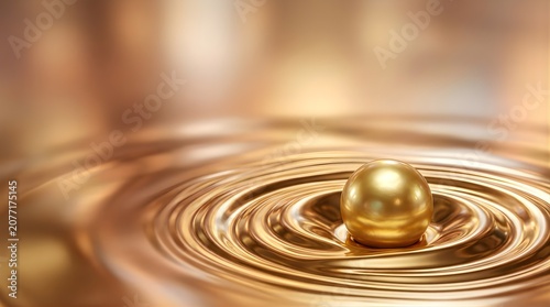 Golden sphere creating ripples in a liquid gold surface for luxury background
