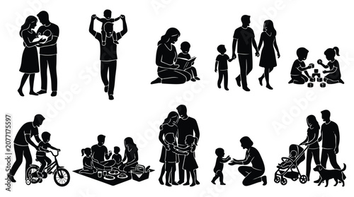 Family silhouette collection, black vector icons of parents and children, set of 10 family life scenes, domestic lifestyle silhouettes for web design