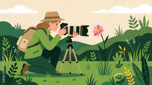 Cuadro en lienzo Flat Vector Illustration of a Nature Photographer Kneeling to Photograph a Pink