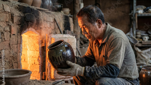 Senior Korean ceramic master inspecting fired clay pot near hot kiln dramatic orange glow