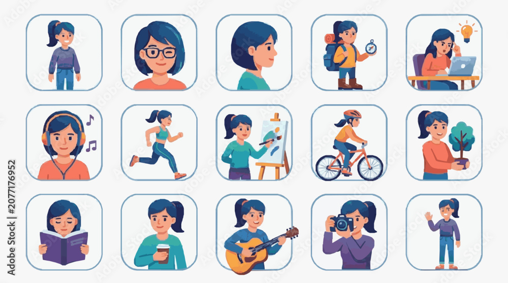 Fototapeta premium Elegant Collection of Diverse Illustrated Characters Engaged in Creative Intellectual and Active Lifestyle Activities
