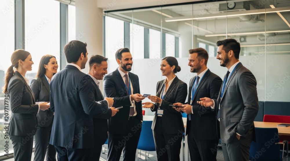 Obraz premium A group of professionally dressed businesspeople exchanging business cards and networking in a modern office setting.