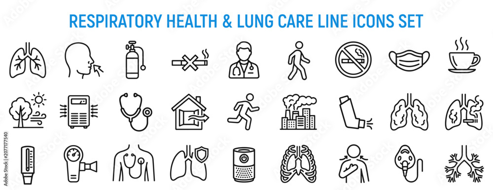 Fototapeta premium Respiratory health and lung care line icons set. Medical symbols for asthma, breathing, and pulmonology. Outline graphics of lungs, inhaler, and air pollution