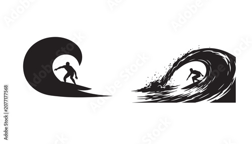 Silhouette of a surfer riding a big ocean wave extreme water sports vector