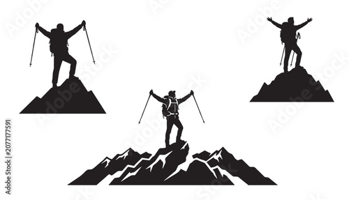 Hiker silhouette standing on mountain top celebrating success with trekking