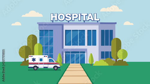 Hospital building with ambulance and pathway, flat vector illustration