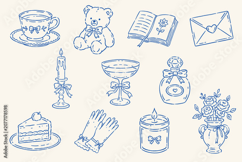 Tableau sur toile Coquette and vintage aesthetic blue line art vector element set