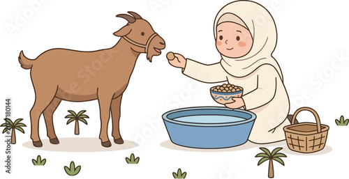 An endearing illustration captures a young girl in a hijab tenderly feeding a gentle brown goat from a bowl, highlighting compassion, animal care, and a peaceful connection