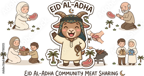 Eid Al-Adha Community Meat Sharing Celebration with Cartoon Goat and Families