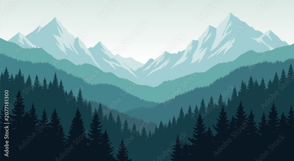 Fototapeta premium Breathtaking Mountain Landscape Vector Illustration Featuring Pine Forest Silhouettes for Modern Graphic Design Backgrounds 5
