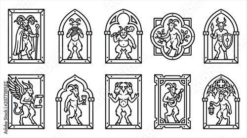 A professional vector asset sheet containing exactly 10 individual a gothic satyr carvings icons on a white background